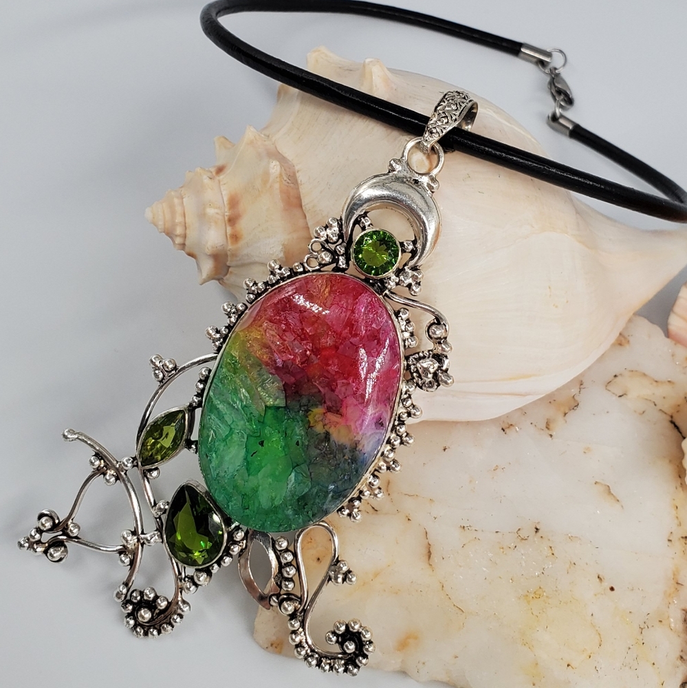 Rainbow Agate/Peridot Stone Silver 925 Pendant